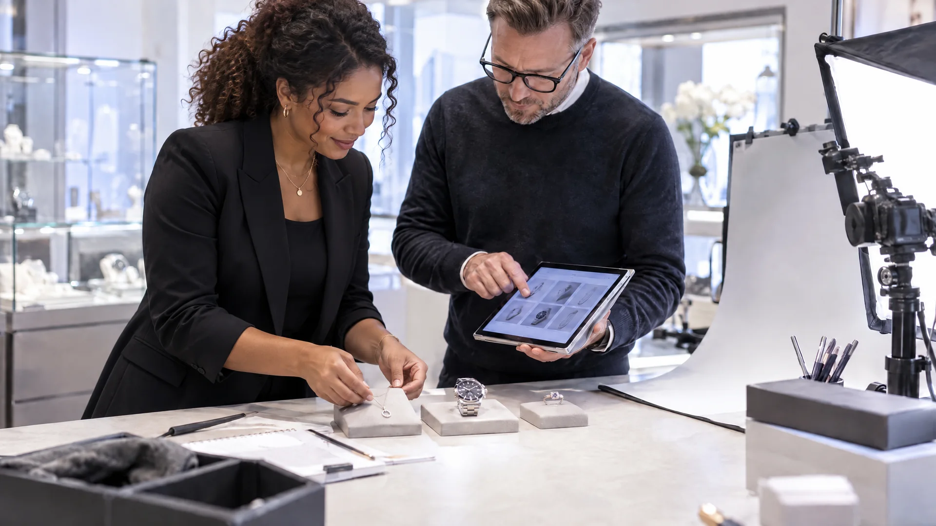 Jeweller and colleague selecting jewellery and watches for a website feature.