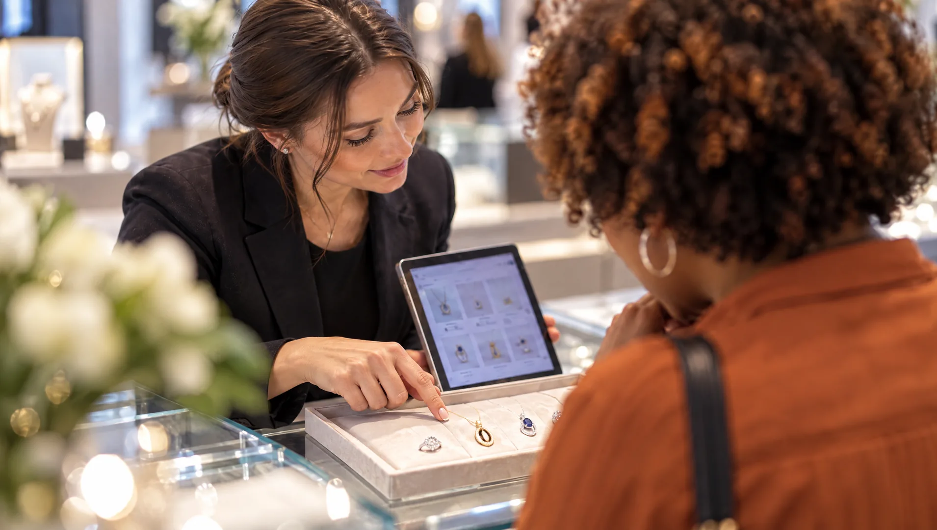 Jeweller showing a customer jewellery on a tablet beside the display case.