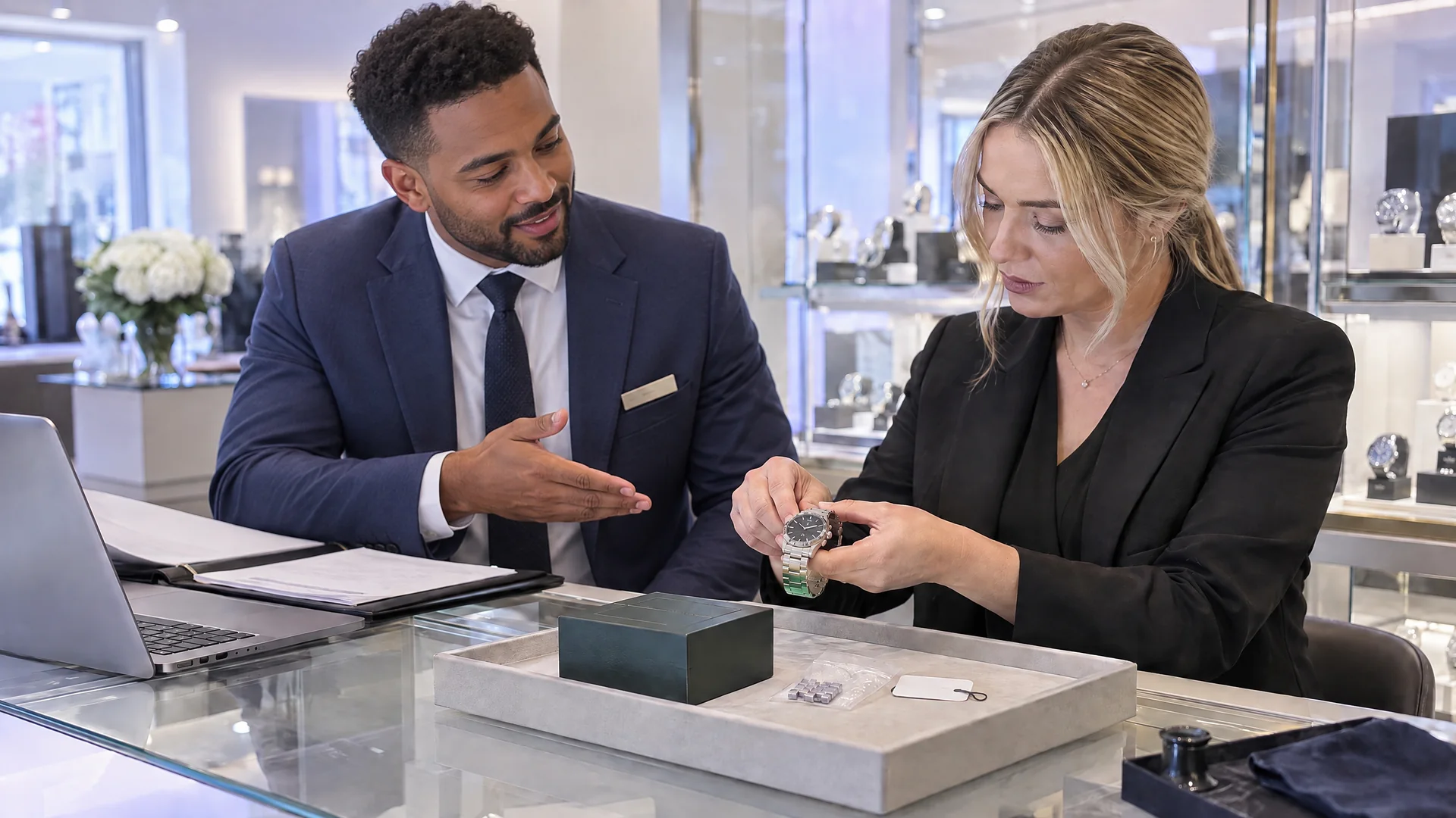 Jeweller discussing a watch sale with a customer beside the order paperwork.