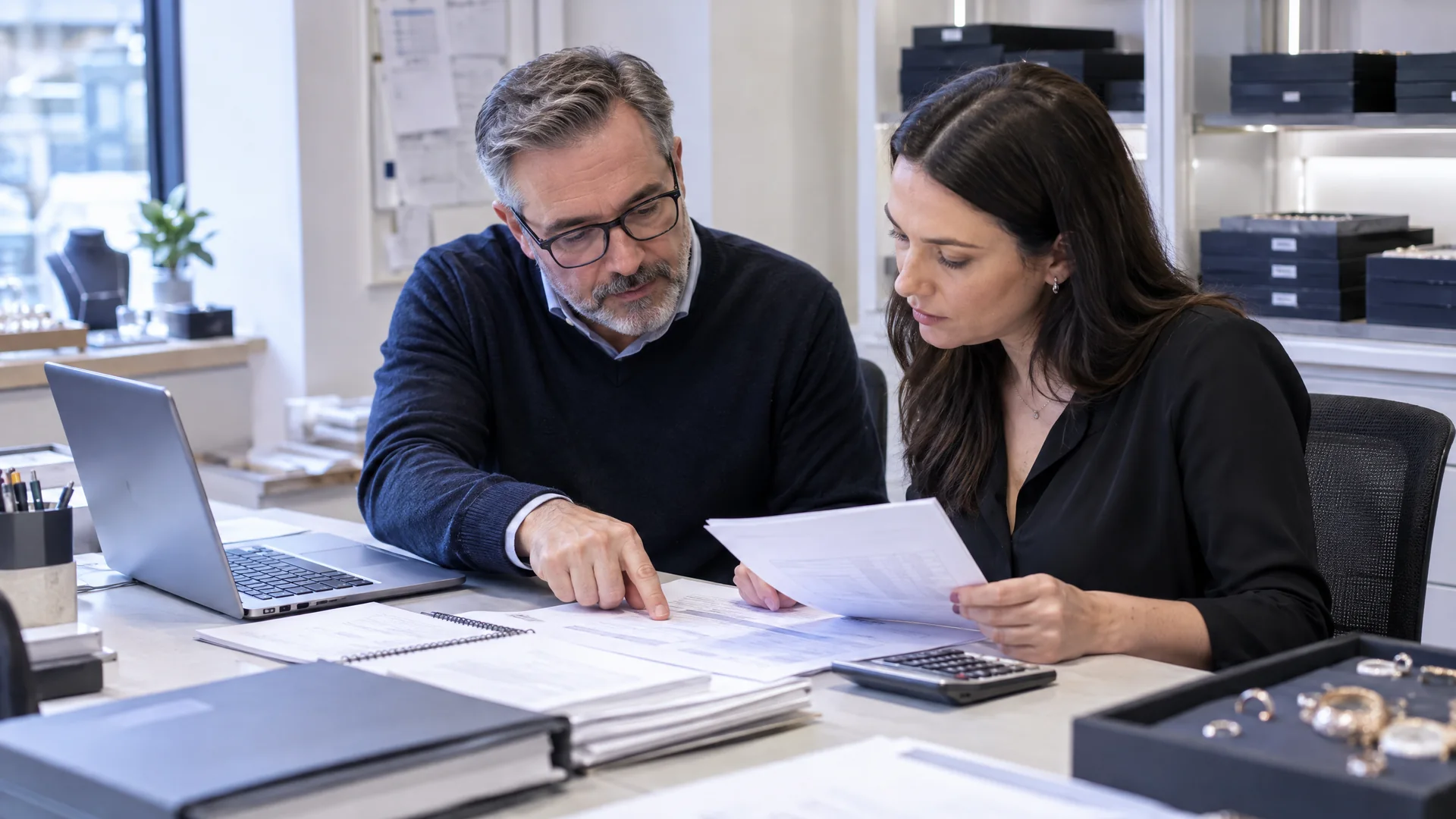 Jewellery shop colleagues checking figures and paperwork at a desk.