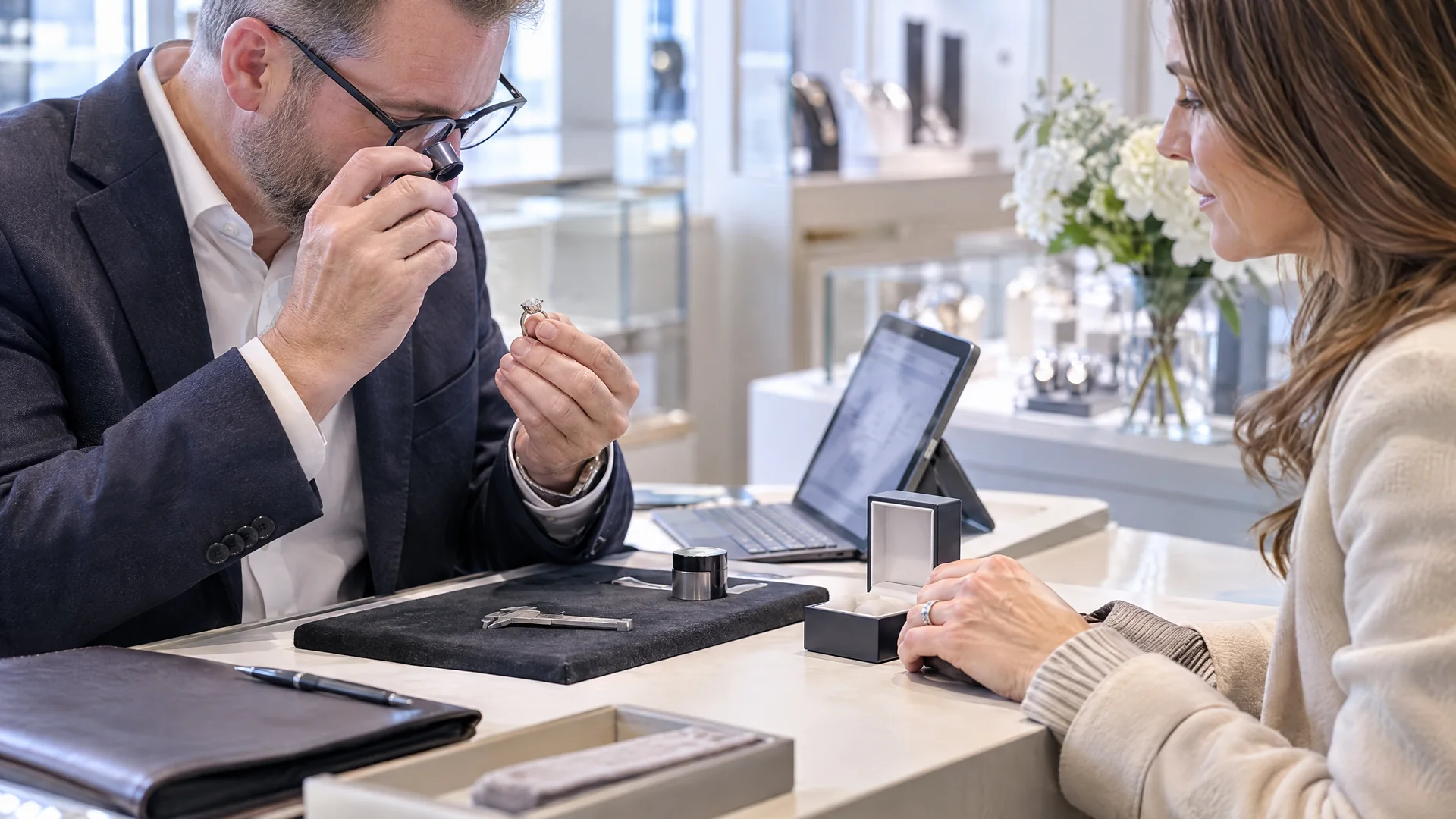 Jeweller examining a ring with a loupe while speaking with a customer.