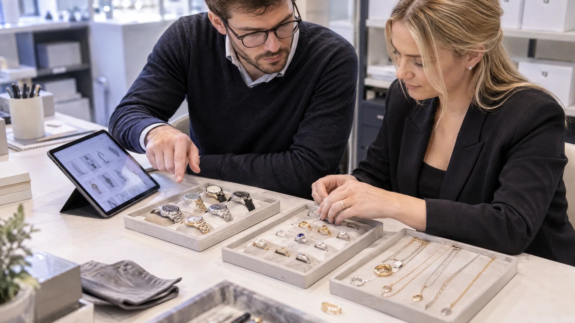 Jeweller and colleague sorting watches and jewellery beside a tablet.