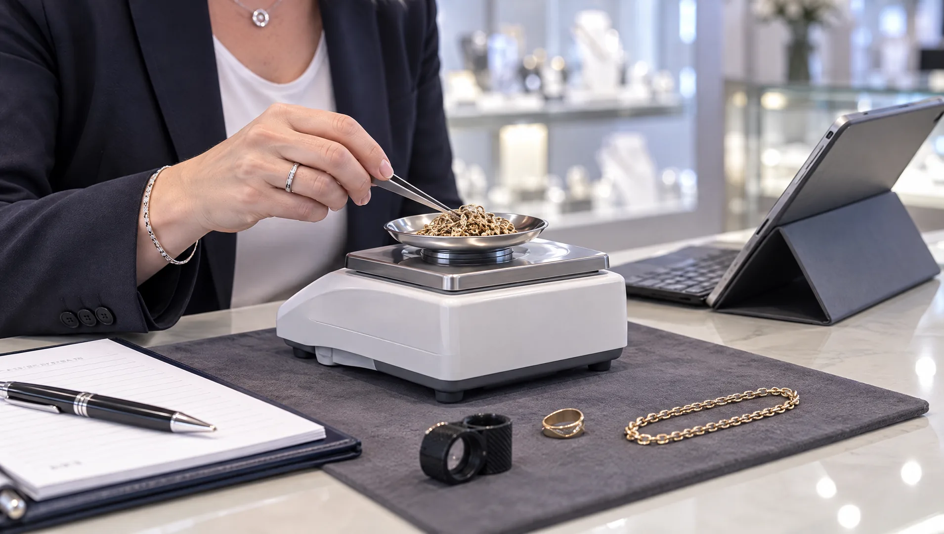 Jeweller weighing scrap jewellery with a customer at the counter.