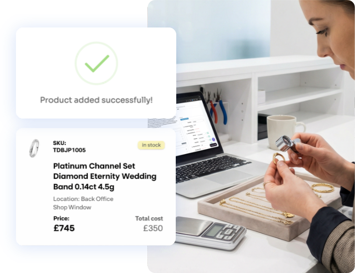 Jewellery being checked beside a Stockbox product record with reference, location and price