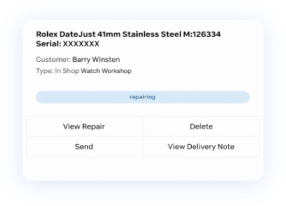 Stockbox repair record showing a watch, customer and repair status